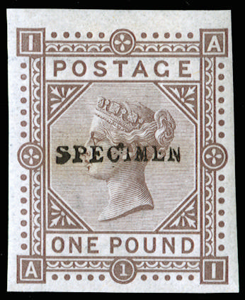 Great Britain 1878 £1 Colour trial Pl.1. Very fine imperforate example lettered AI printed on gummed watermarked p…