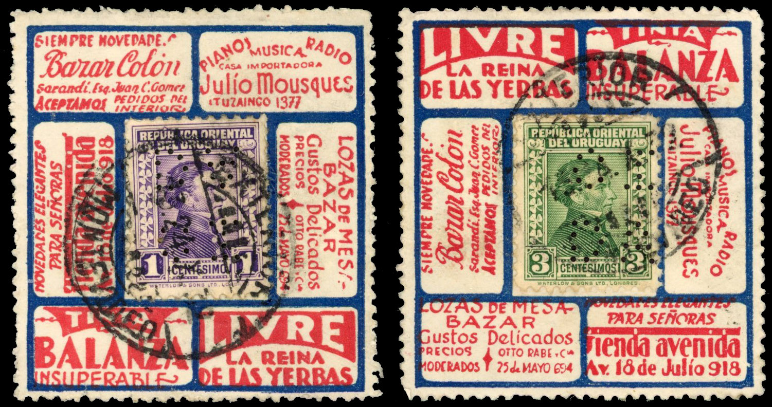 Uruguay two 1930s 1c and 3c collar advertising stamps used