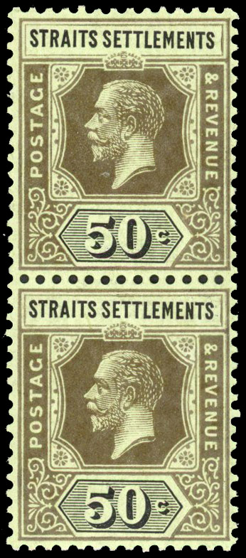 Straits Settlements 1912-23 50c wmk MCA variety watermark inverted vertical pair unmounted