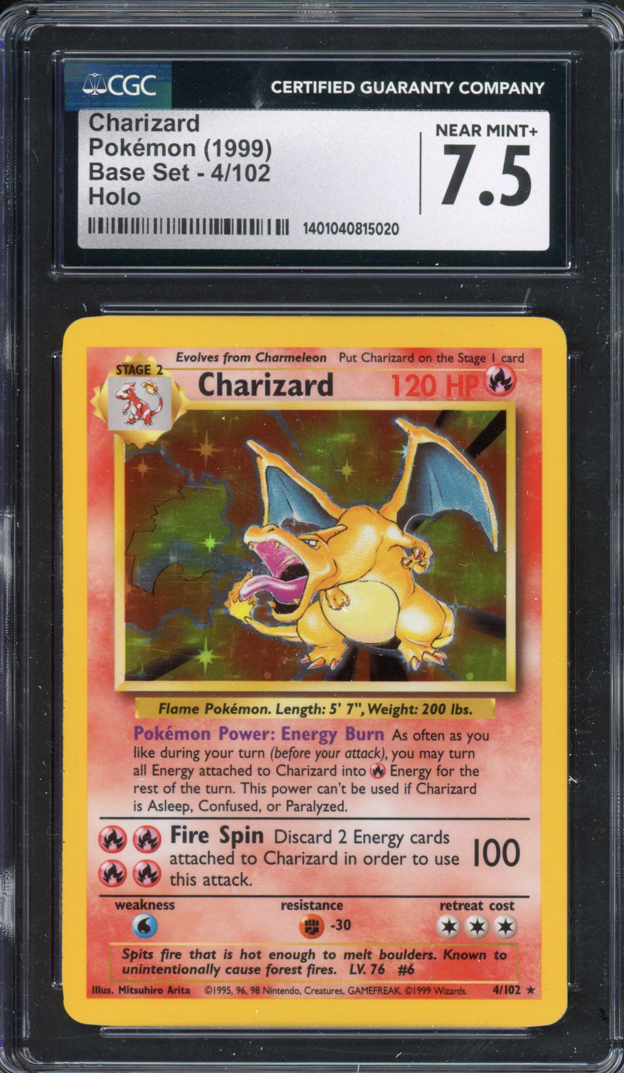 Pokémon TCG - CGC 7.5 MINT Charizard 1999 Base Set - Unlimited 4/102 Holo