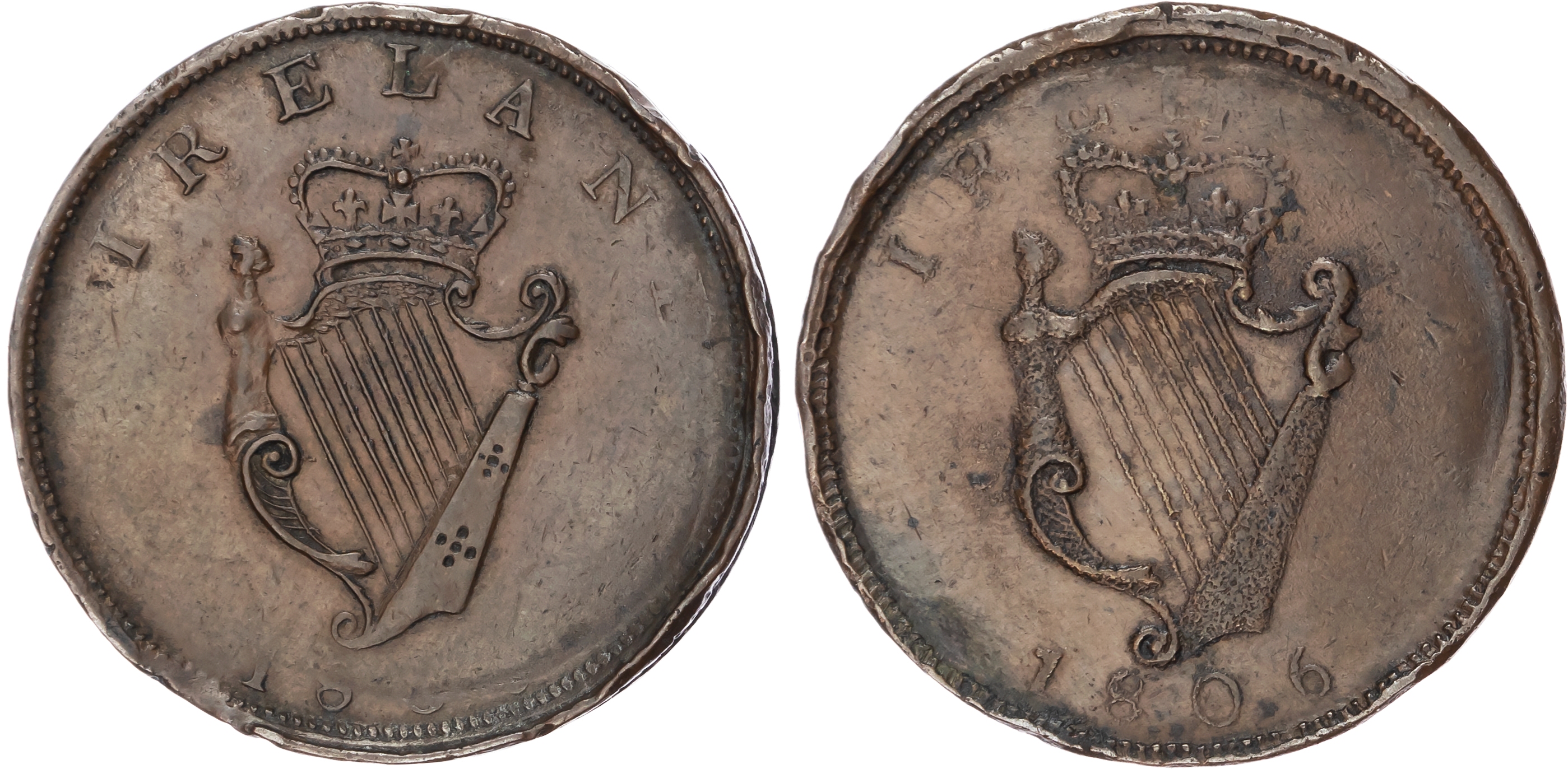 IRISH, NON LOCAL, General Circulation Penny 1806, Crowned Irish harp, rev. edge centrally and deeply grained. …