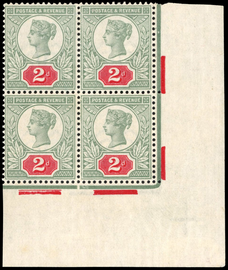 GB 1887-92 2d grey-green & carmine, corner block with double frame line at left variety, Spec. K30(3)b, SG 200var