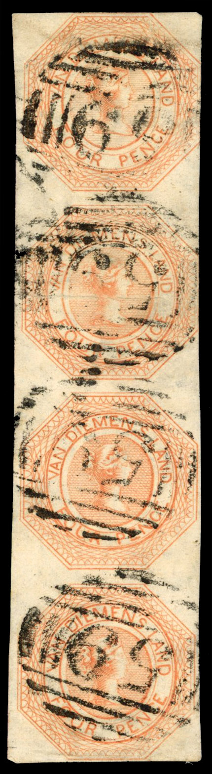 Tasmania SG 8 1853 4d orange worn plate strip used