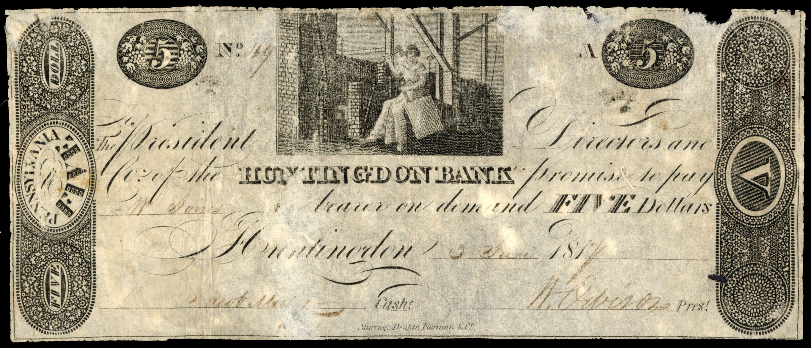 USA, PA. Huntingdon, Huntingdon Bank, Uniface Two Dollars, 1 Jul 1817. About Fine.…