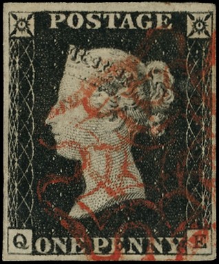 1840 1d black plate 2 (QE), four margins, cancelled with crisp red...