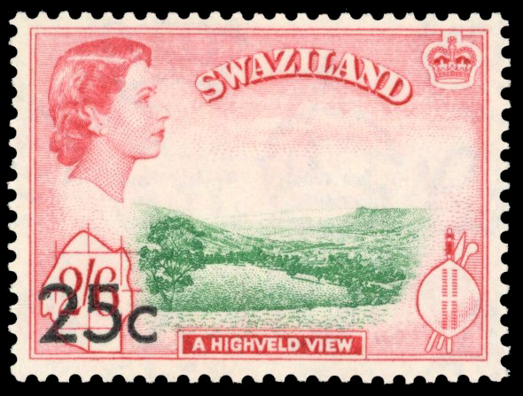 Swaziland SG 74b 1961 25c surcharge Type II at lower left mint