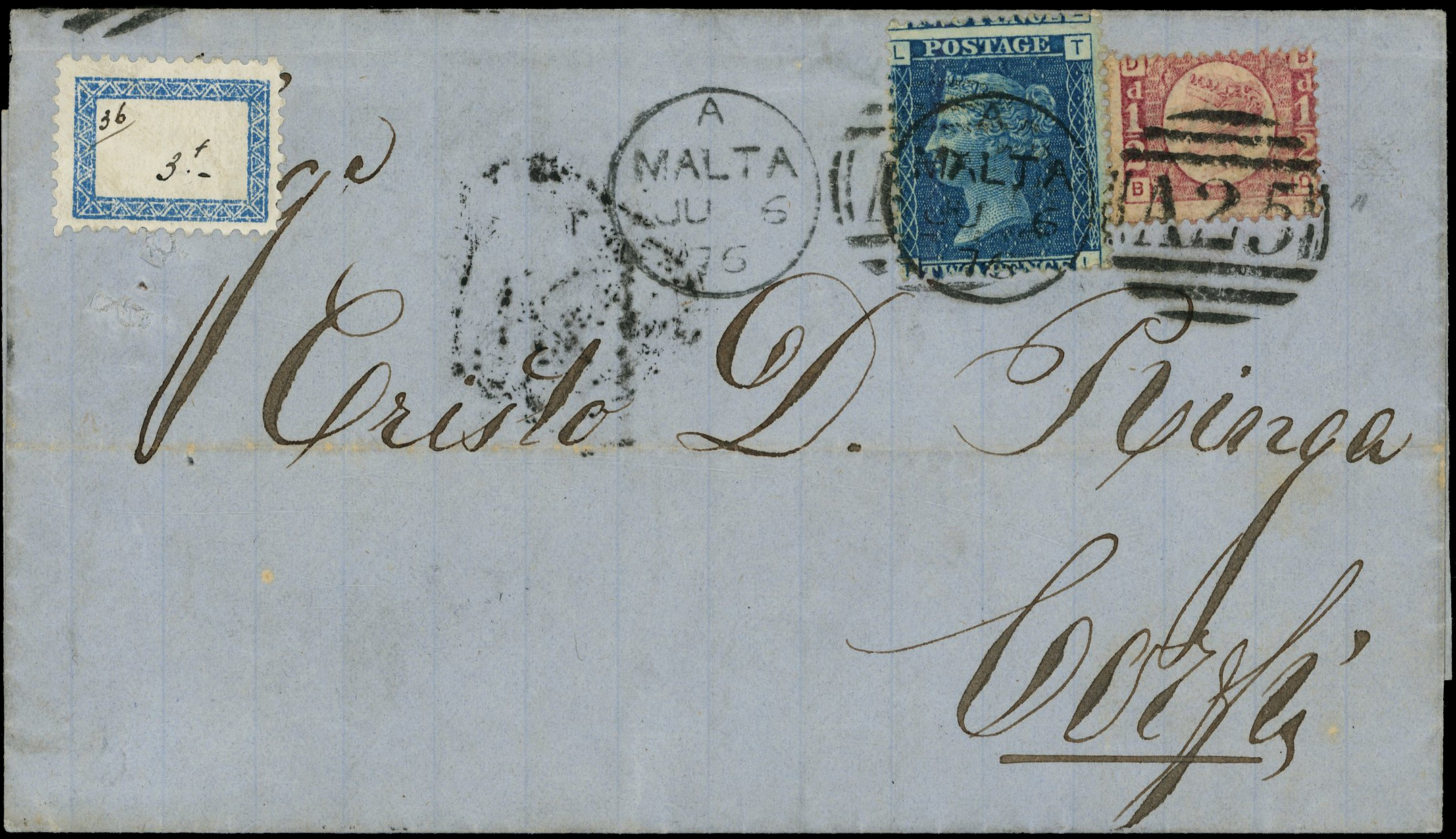 1876 (6 June) Great Britain stamps used in Malta, entire letter addressed to Corfu