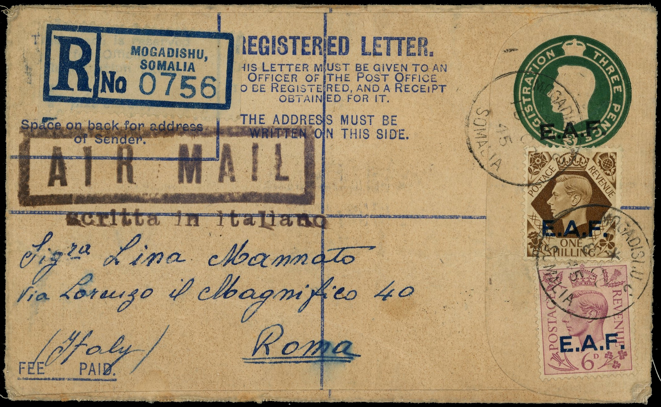 BOIC Somalia reg. postal stationery envelope