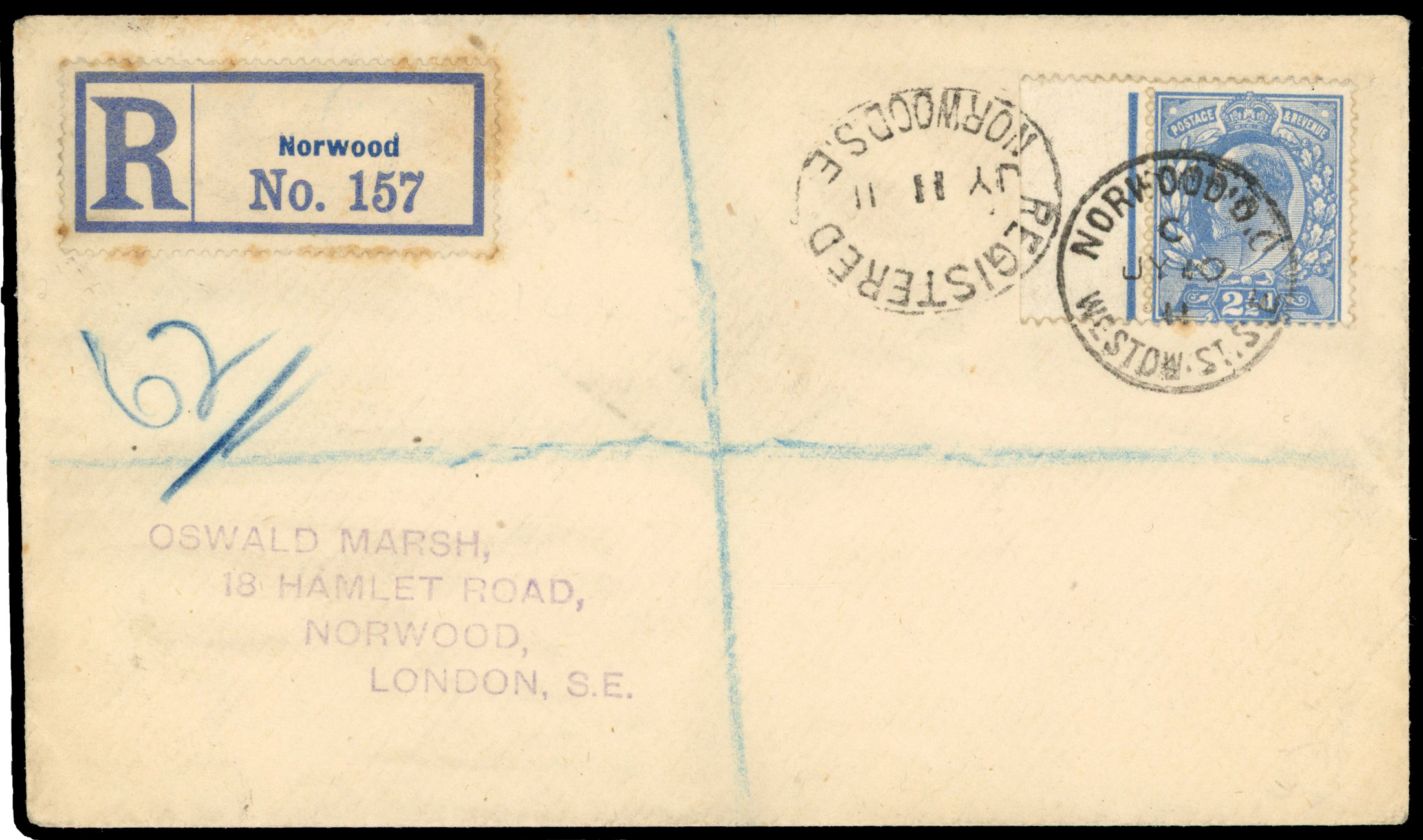 1911 2½d Blue (Perf. 14) "Oswald Marsh" registered first day cover
