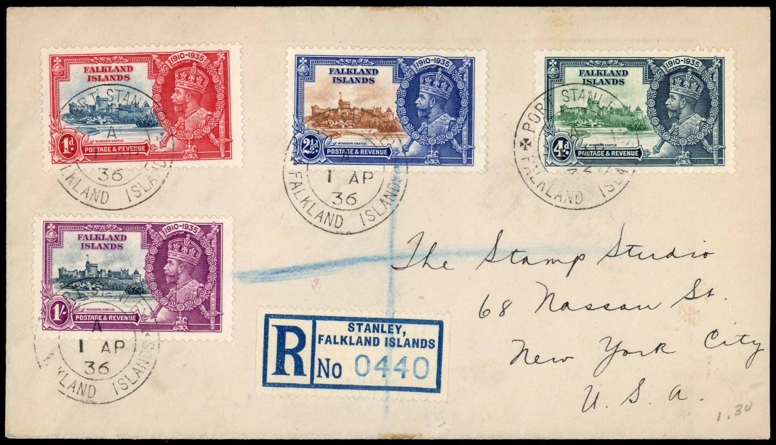 † Falkland Islands SG 139-142 Jubilee cover, 1s short extra flagstaff