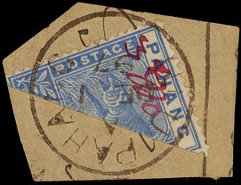 1897 3c on half of 5c blue, the Kuala Lipis manuscript provisional, divided diagonally, used on a piece with brownish Ulu...