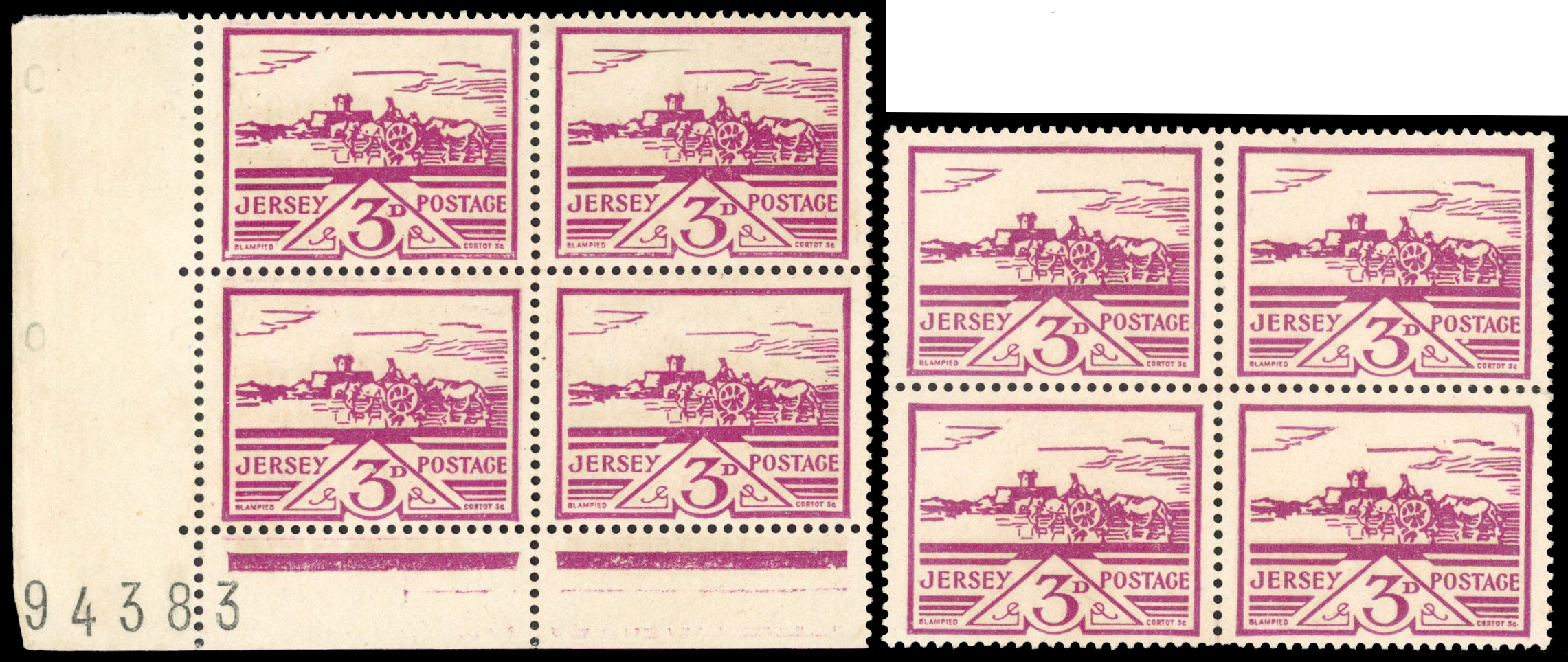 1943 Jersey 3d ‘Gathering Vraic’ War Occupation Issue block 4 printed on gummed side