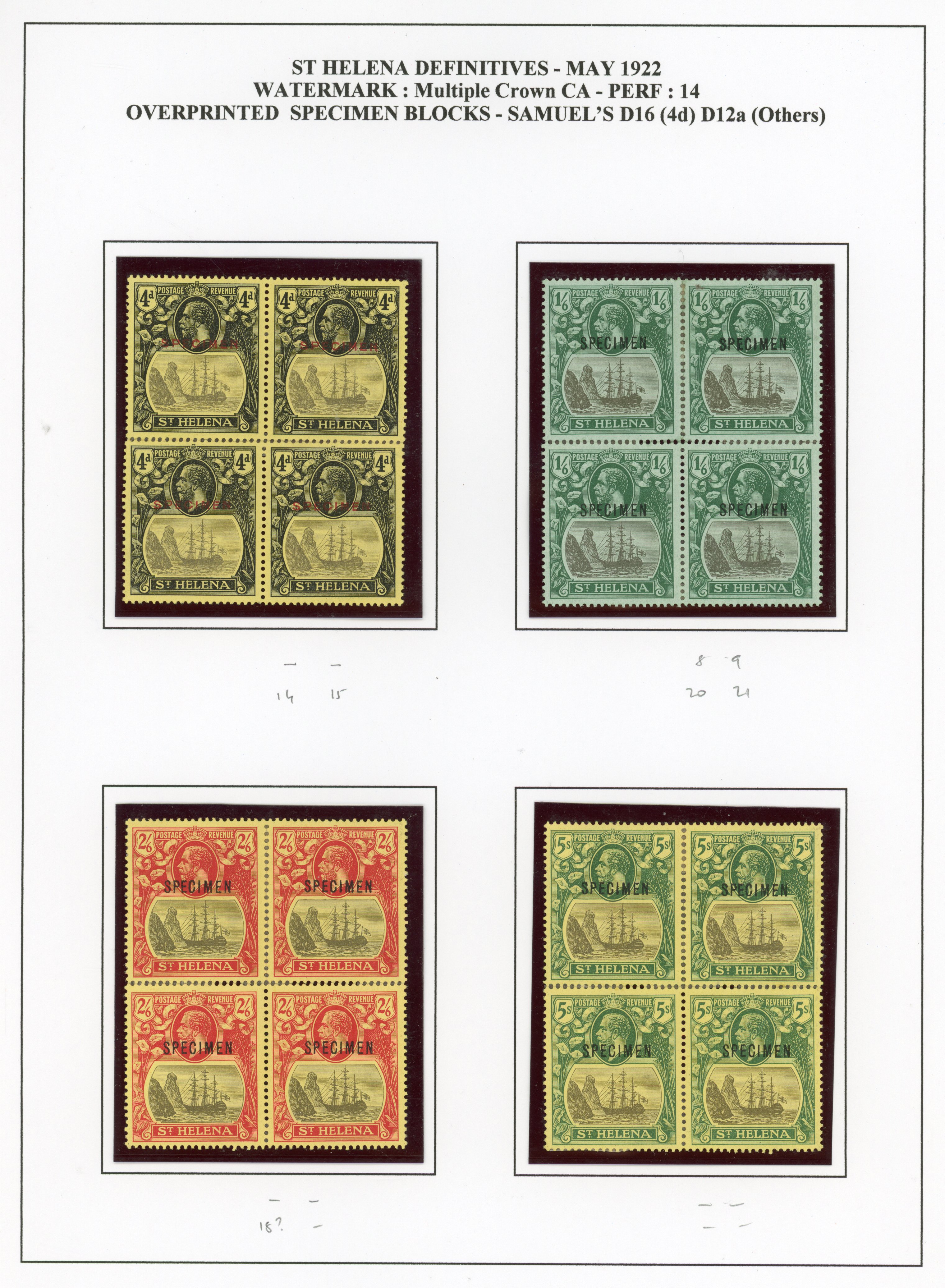 St Helena SG 92s-5s Specimen 'blocks'