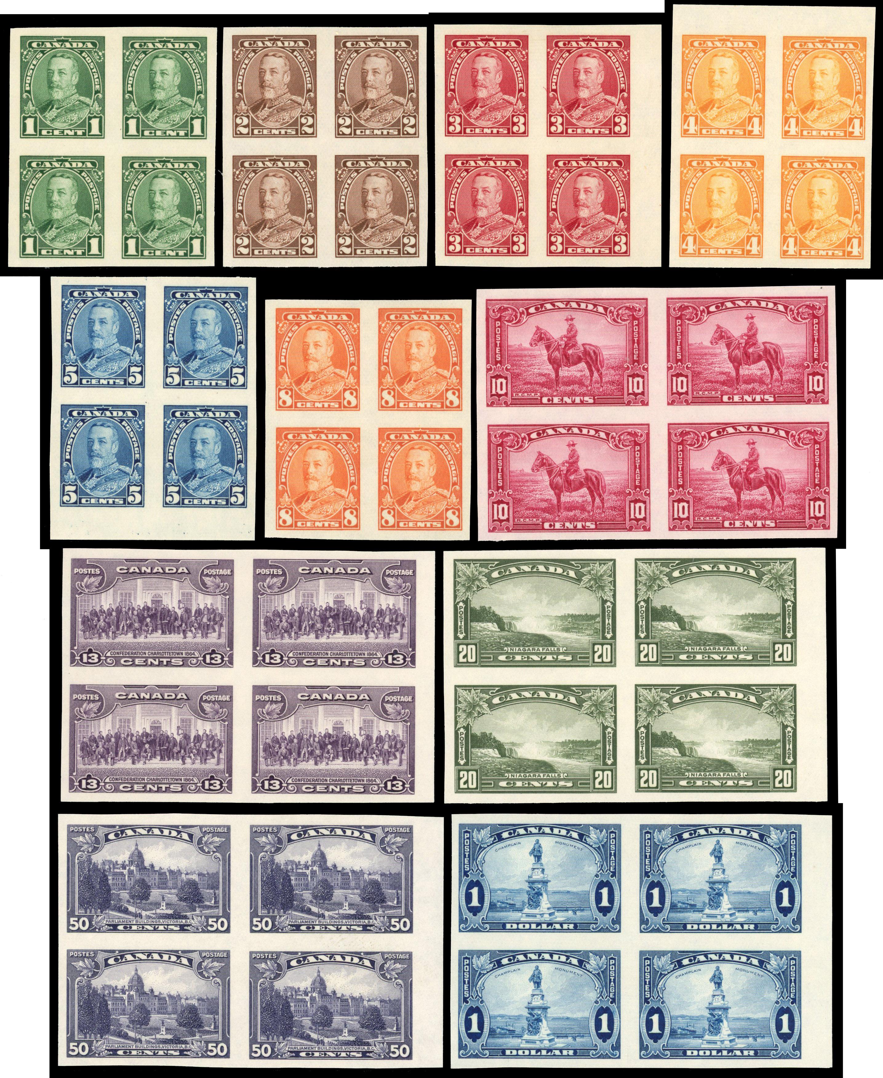 Canada 1935 set of 11 imperf blocks of 4