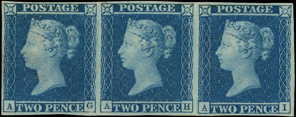 Great Britain 1841 2d Blue Pl.3. Superb unused o.g. four margin horizontal strip of...
