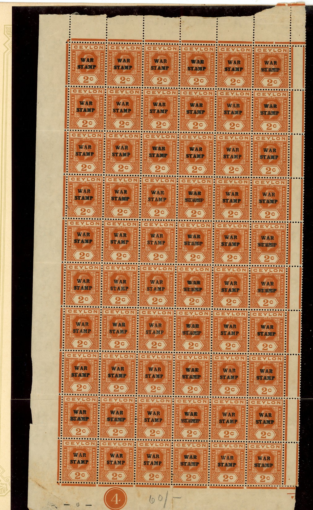 1918 2c War Stamp lower left pane of sixty with overprint double, unmounted o.g., some splitting in places and variable...