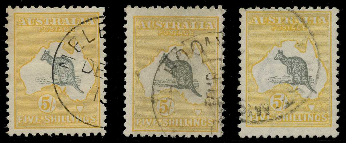 1913 5/- grey and yellow, neat part...