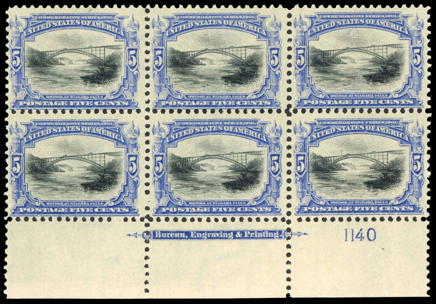 USA SG 303 5c imprint plate block of 6 U/M