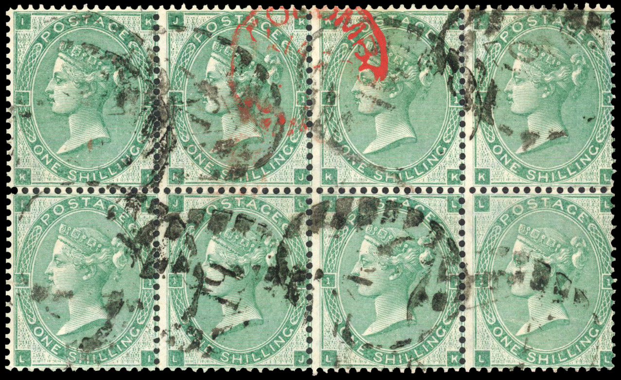 1862 1s Green Pl.1=2 (SG90, Wmk. Emblems). Impressive used block of eigh