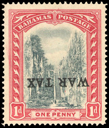 Bahamas 1918 1d War Tax error overprint inverted