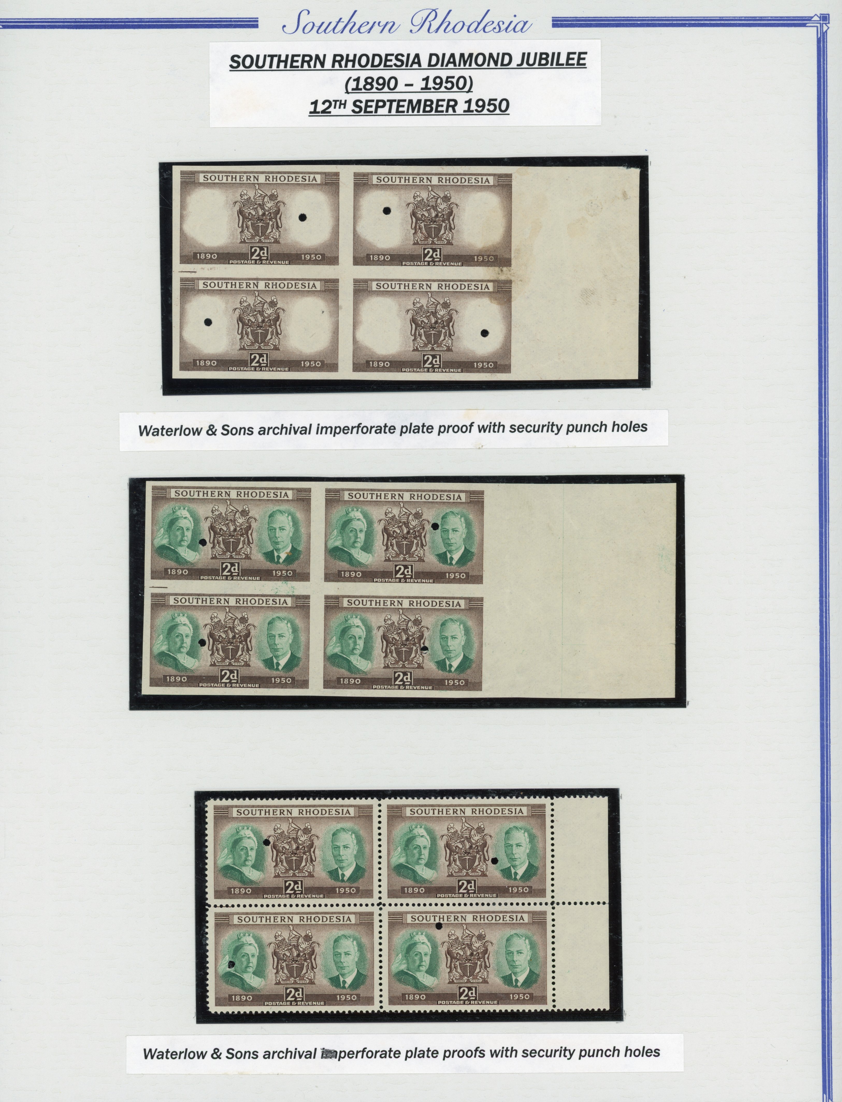 Southern Rhodesia SG 70 1950 Diamond Jubilee proofs