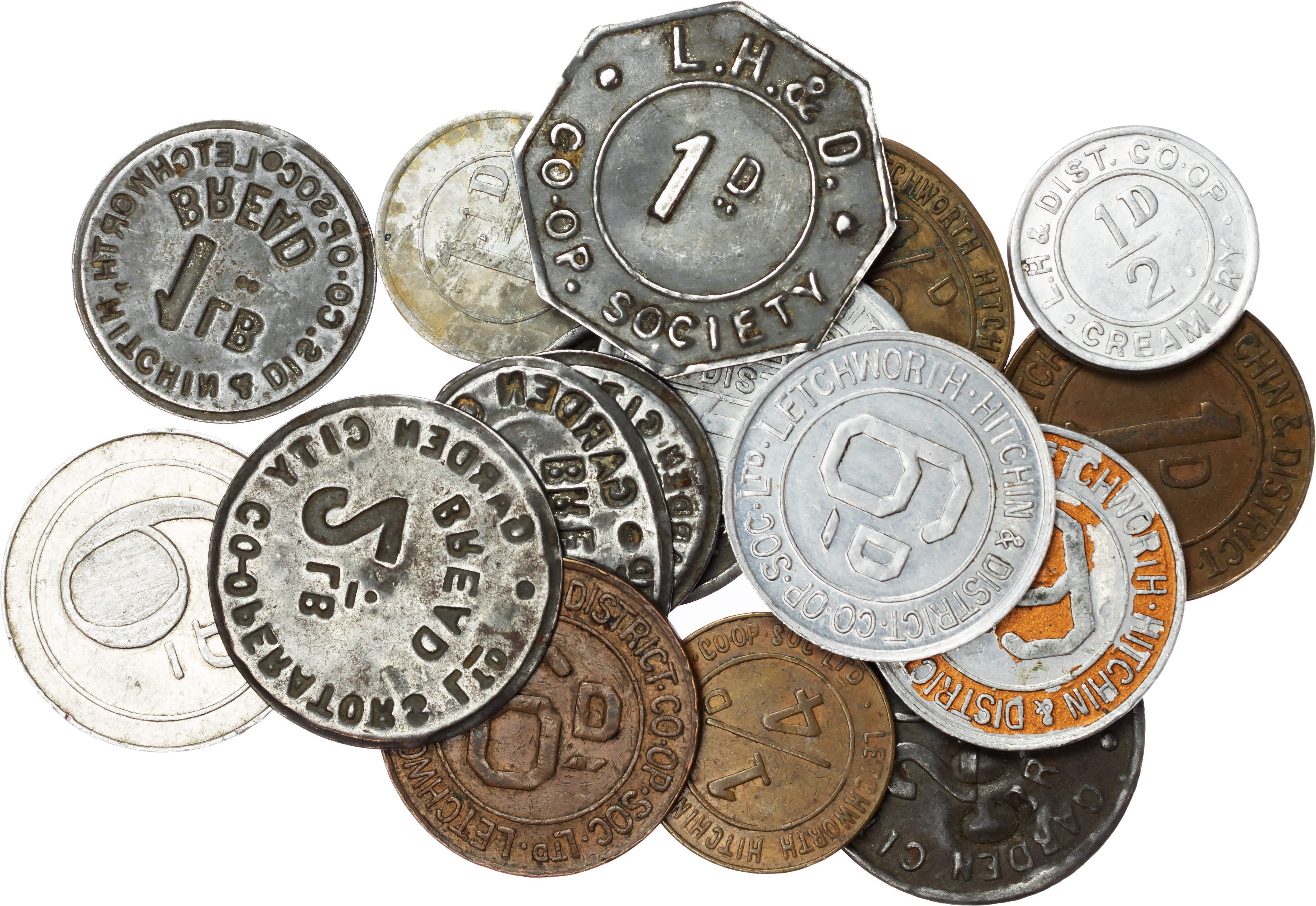 Miscellaneous Tokens and Checks, HERTs . Letchworth , Garden City Co-Operators Ltd, bracteate tinned ir…
