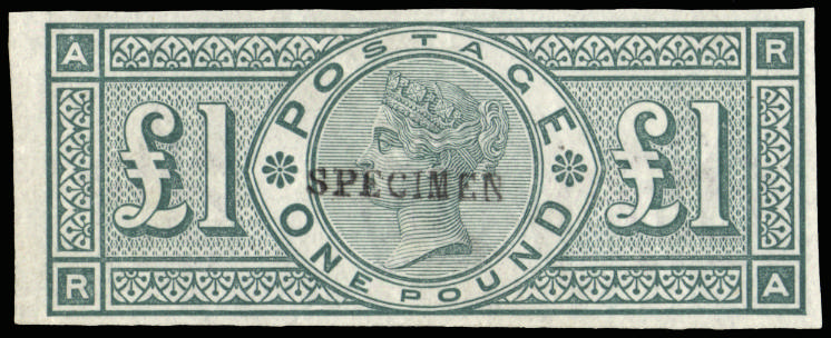 Great Britain 1890 £1 Green. Very fine and fresh unused o.g. imperforate example lettered RA, overprinted “SPECIME…