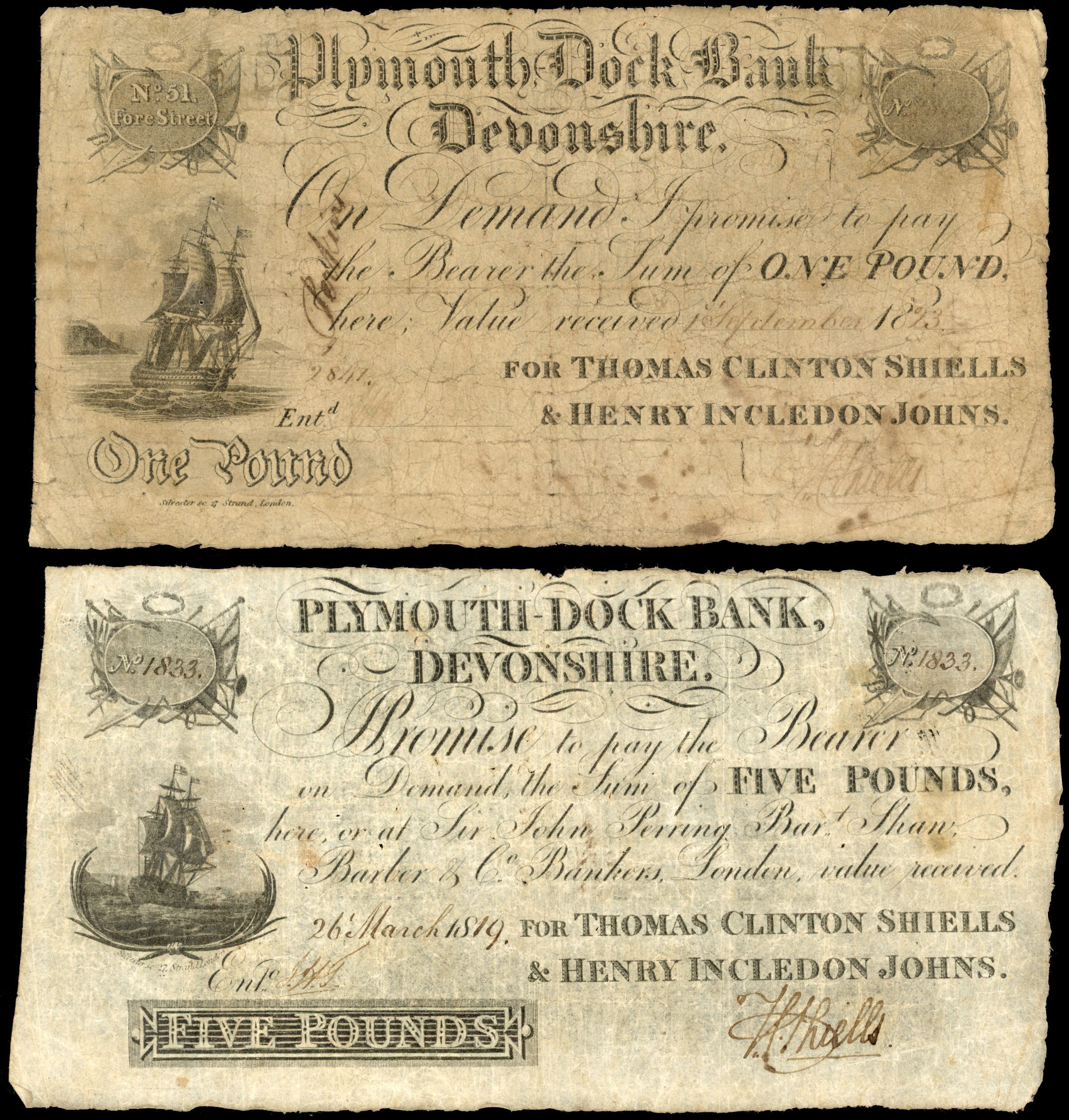 DEVONPORT, Plymouth Dock Bank, Devonshire, for Thomas Clinton Shiells & Henry Incledon Johns, £1.,and £5.,1 Se…