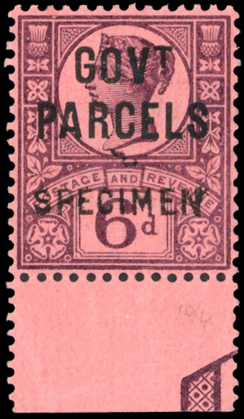 GB Govt Parcels. 1887-90 6d purple on rose-red optd ‘SPECIMEN’ Type 15, SG O66s