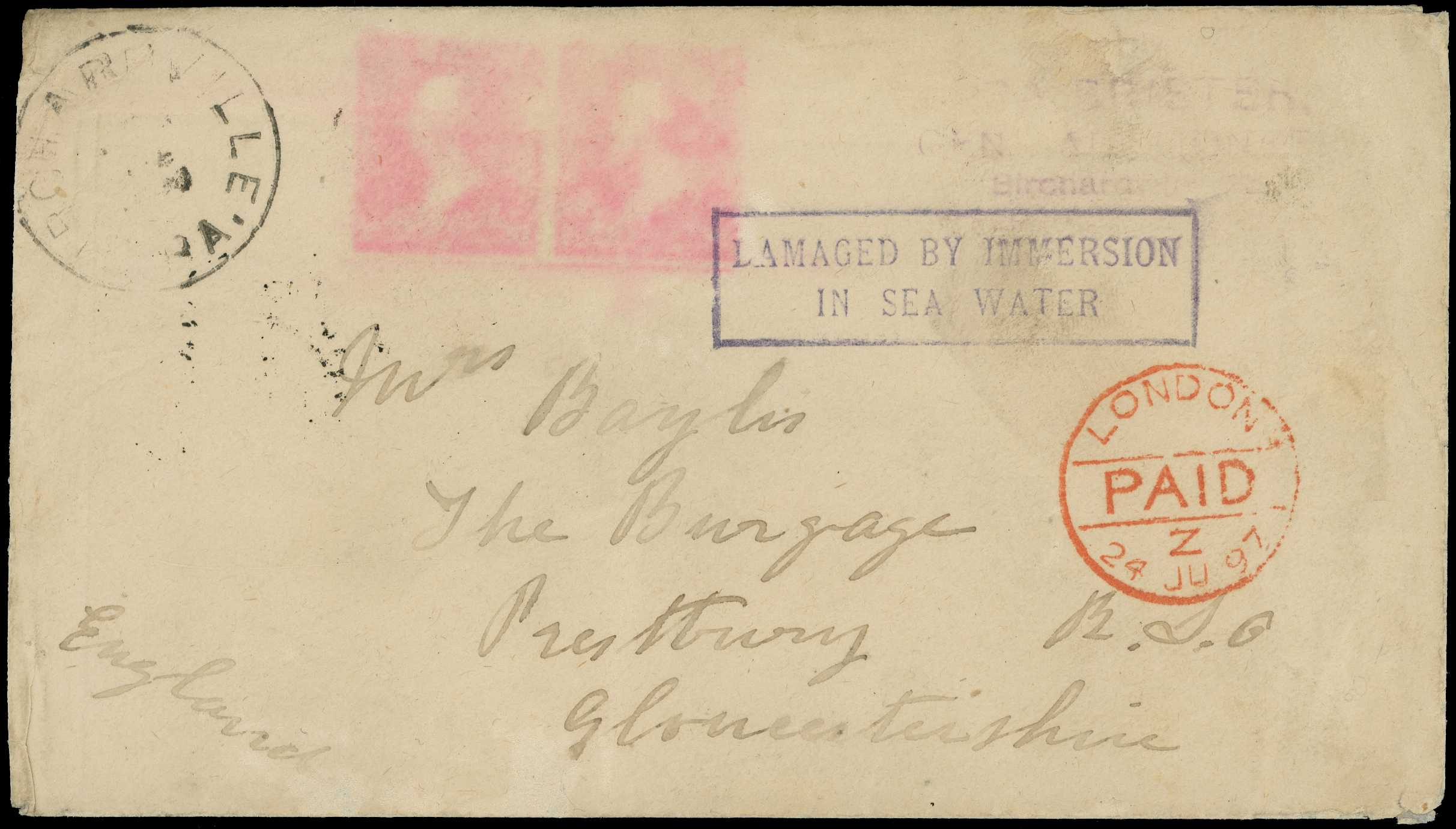 DISASTER MAIL: 1897 envelope from Pennsylvania...