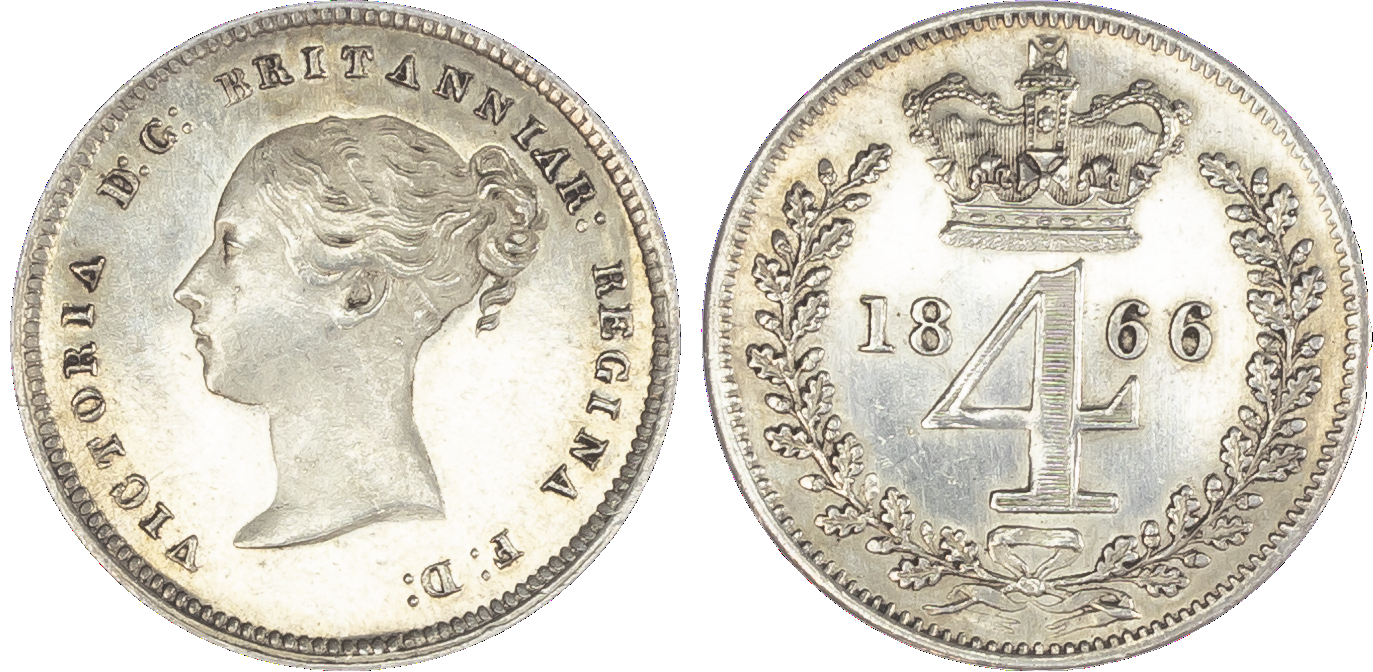 Victoria (1837-1901), Maundy set, 1866, Four, Three, Two and One Pence, young head left, legend and toothed border