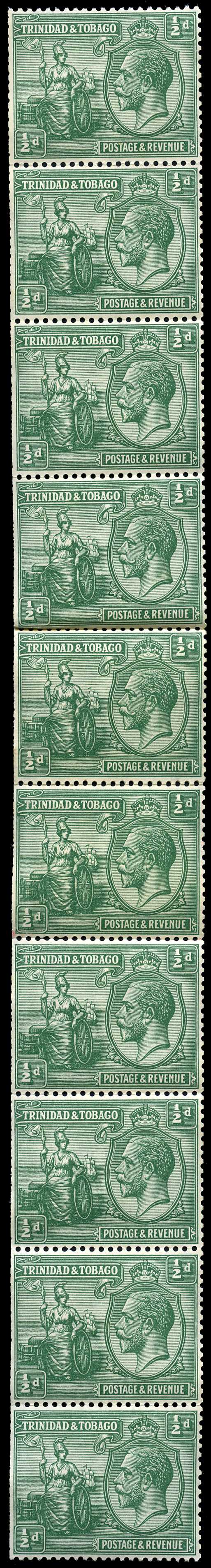1922 KGV ½d coil strip of 10, with coil...