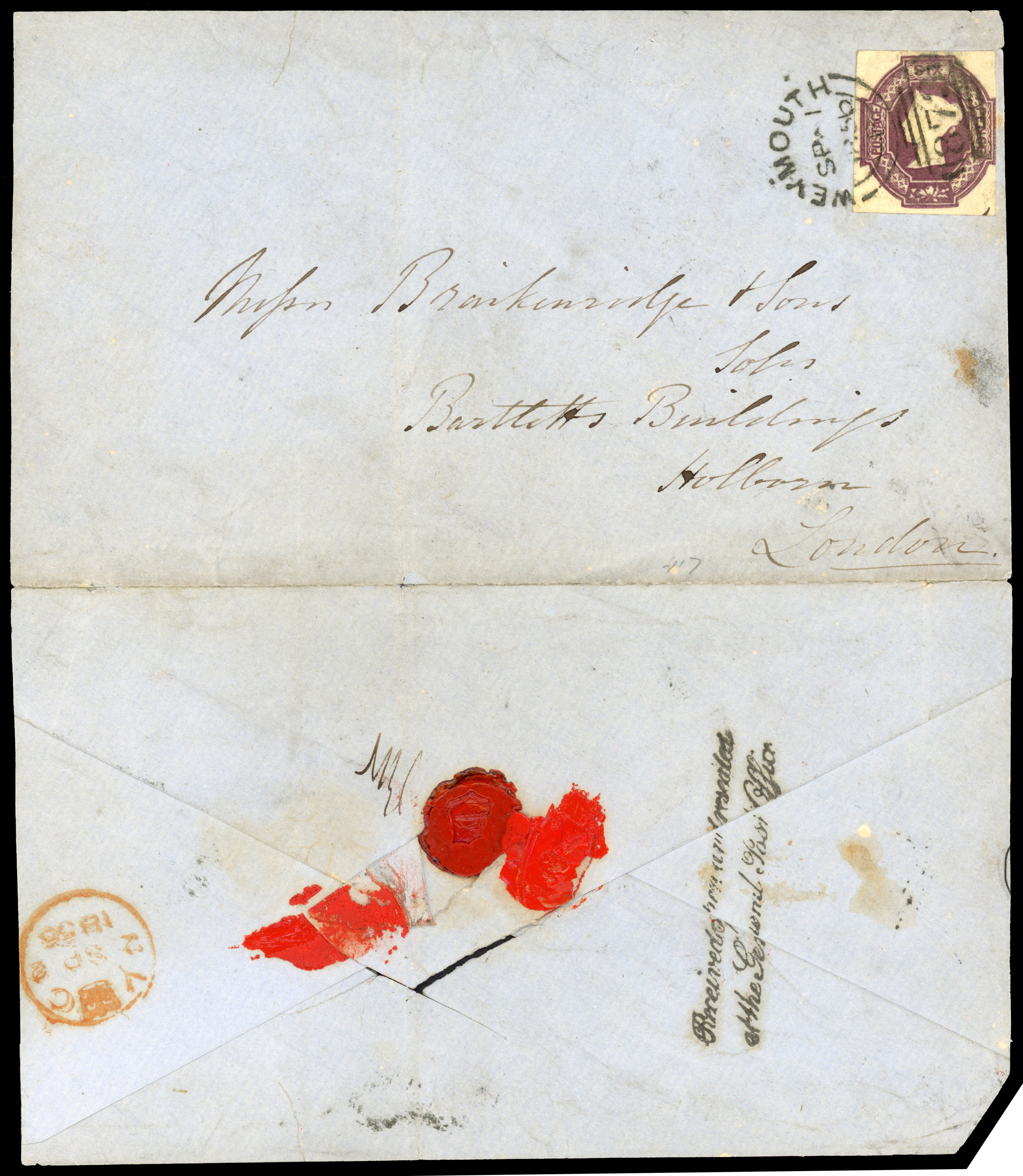 1854 6d Purple ‘Embossed’. Used example on cover from Weymouth to London