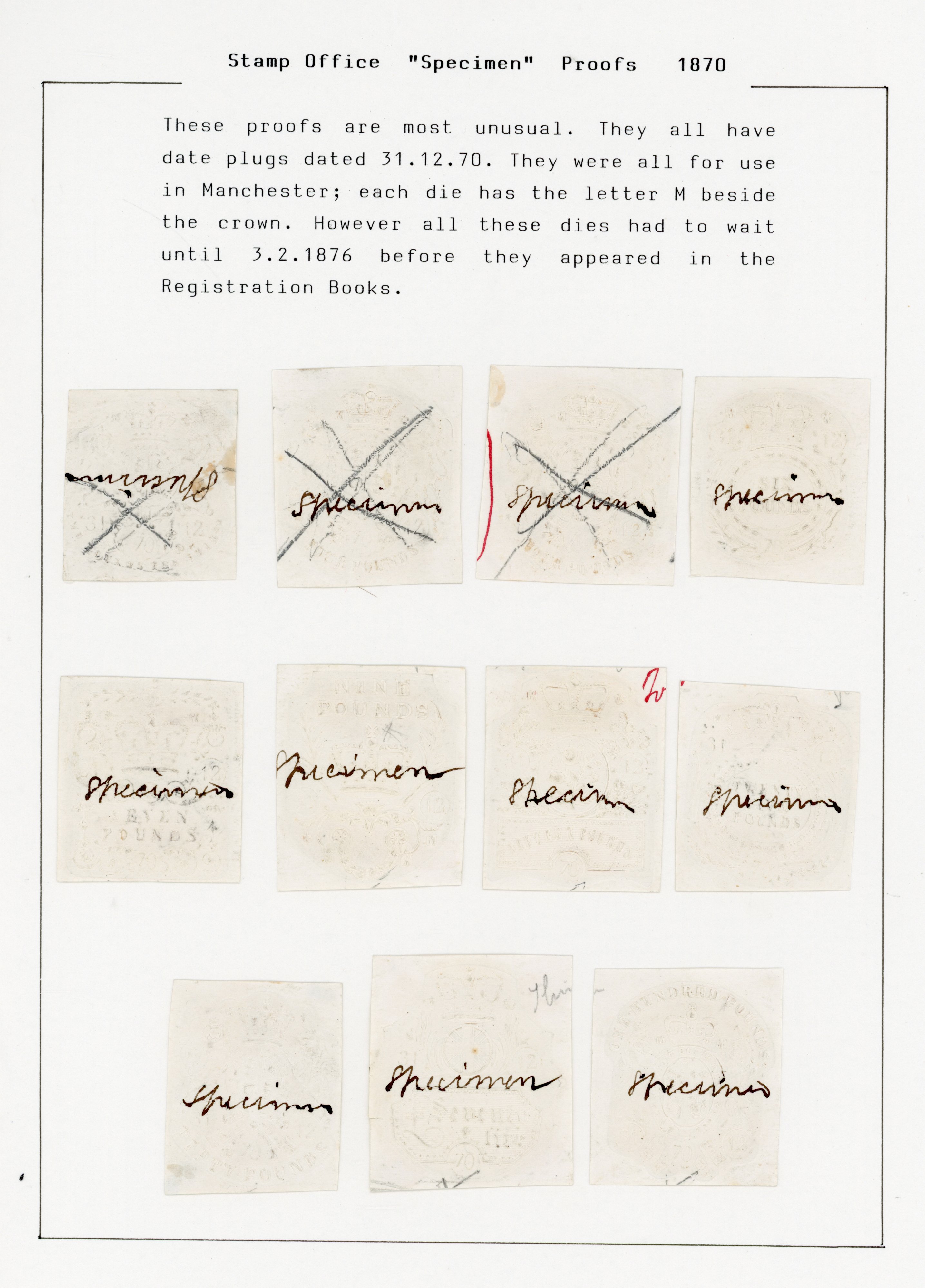 GB Stamp Office Specimen proofs of Manchester embossed dies