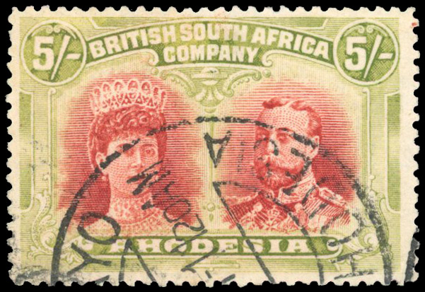 Rhodesia 1910-13 5s deep rose-red and dull yellow-green perf 14 used