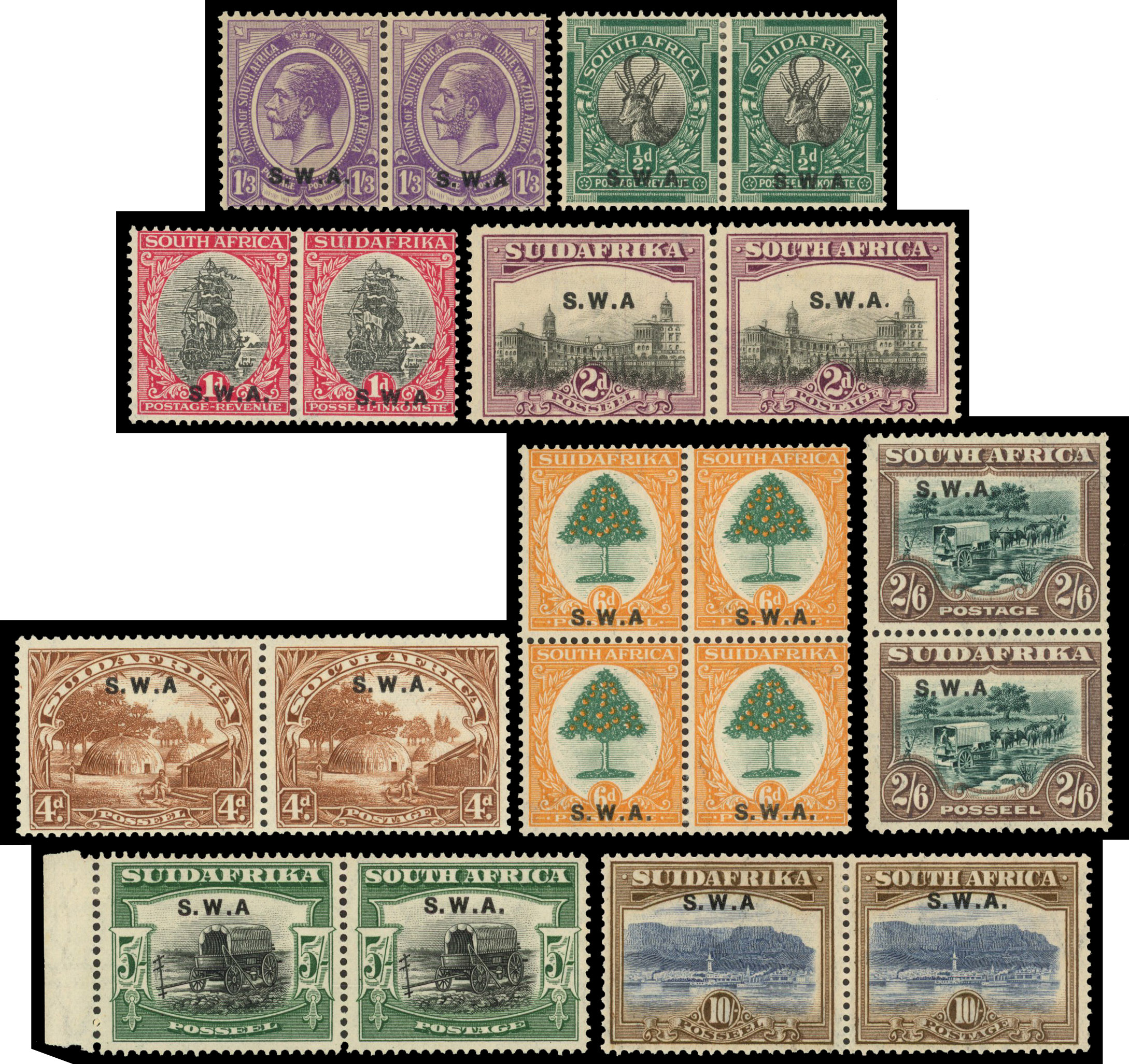 South West Africa 1927-30 part set to 10s with No stop after A