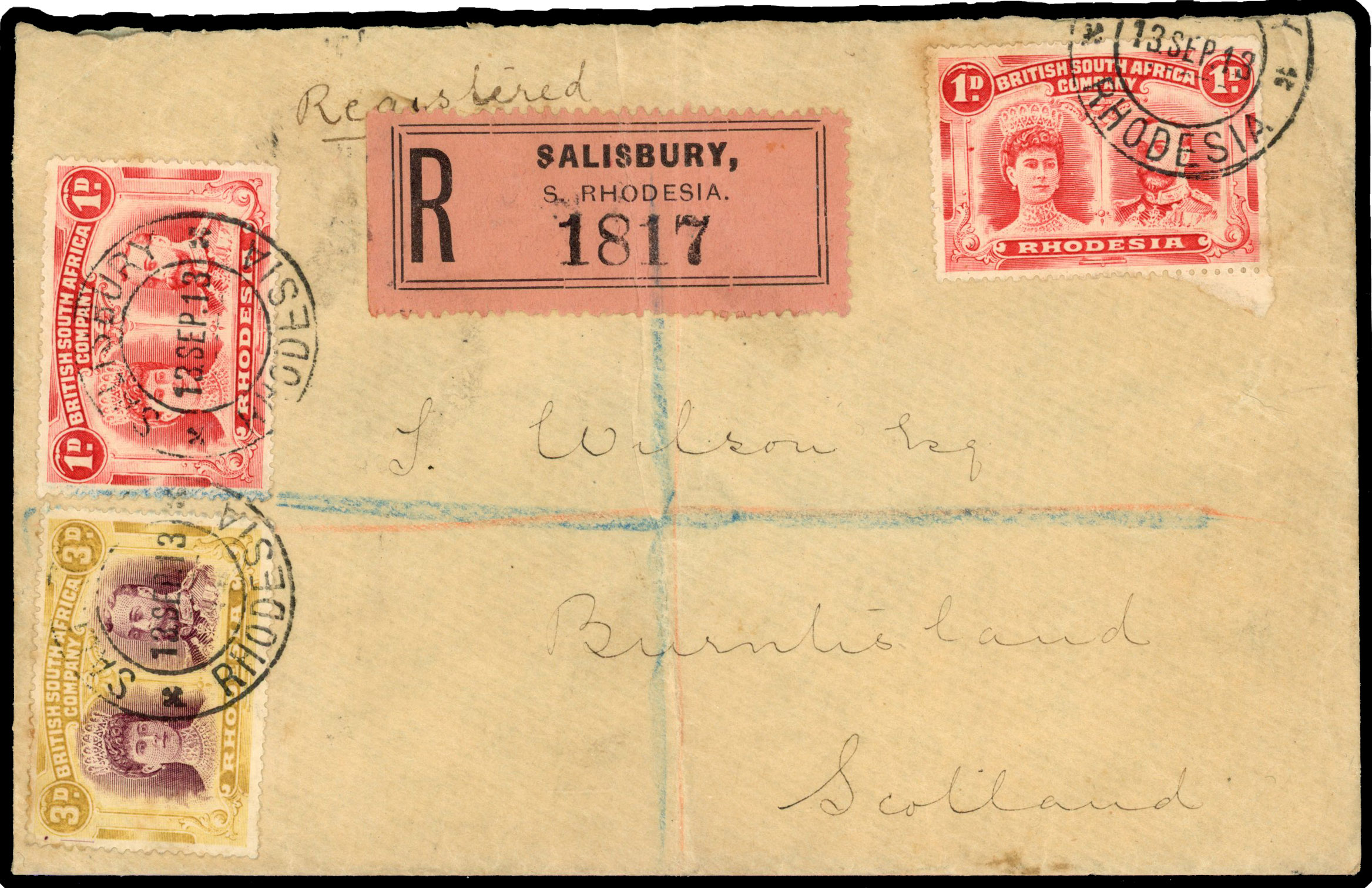 Rhodesia 1913 registered cover from Salisbury to Burntisland