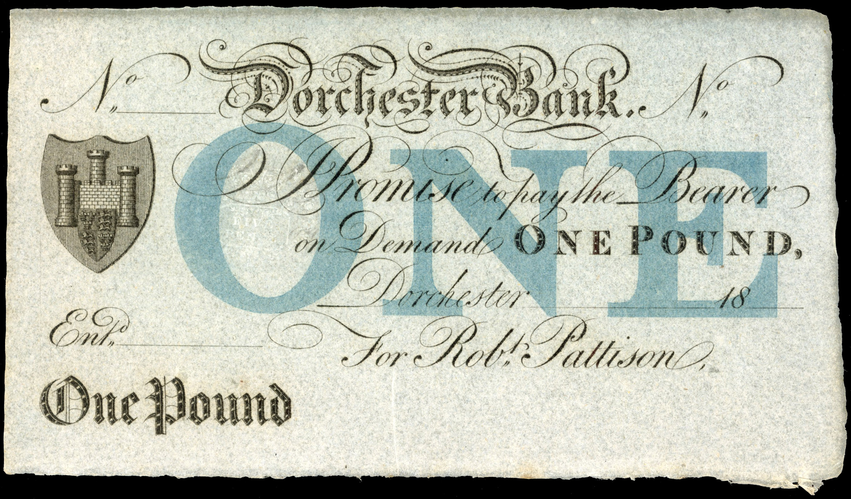 DORCHESTER, Dorchester Bank for Robert Pattison, £1.,180-, (c.1820), no signatures or serial numbers, town arm…
