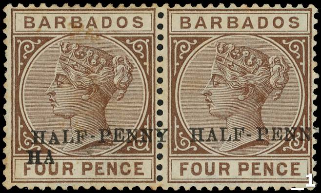 BARBADOS: 1892 ½d on 4d deep brown, horizontal pair, variety surcharge double, the second impression albino