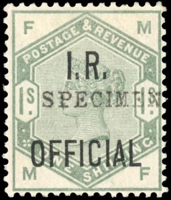 GB I.R. Official. 1882-1901 1s dull green (MF), optd ‘SPECIMEN’ Spec. L6s, SG O7var