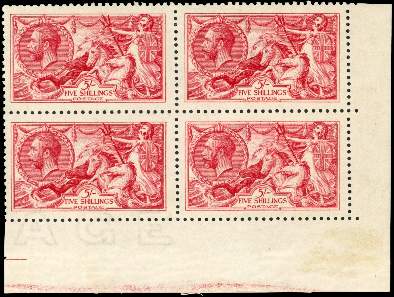 GB: 1915-18 De La Rue 5s bright carmine, mint large part og, block of four from the lower left corner