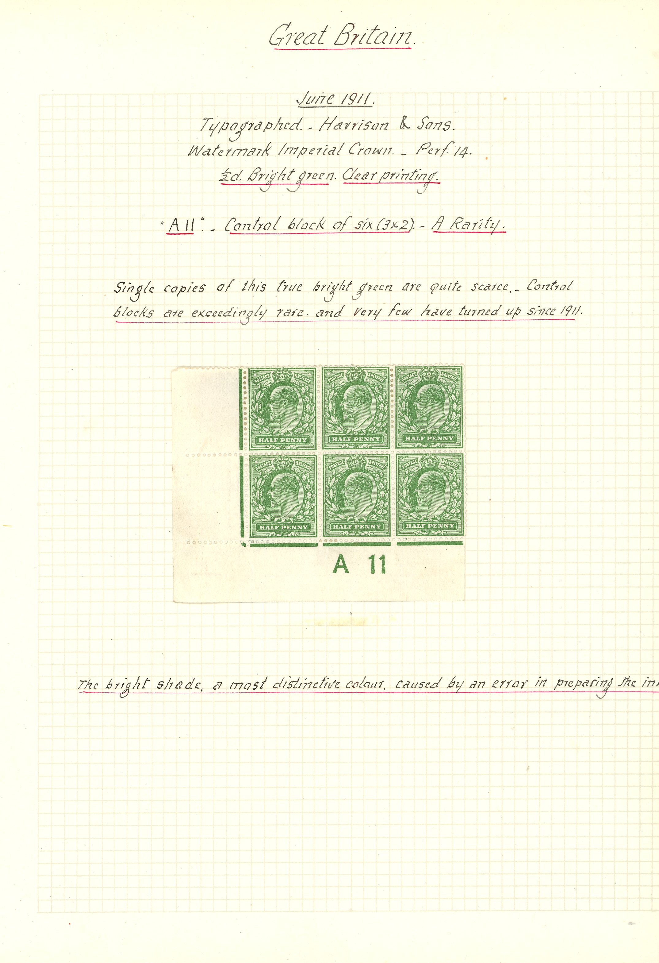 1911 ½d bright-green (fine impression) 'A 11' control block of six, large part o.g