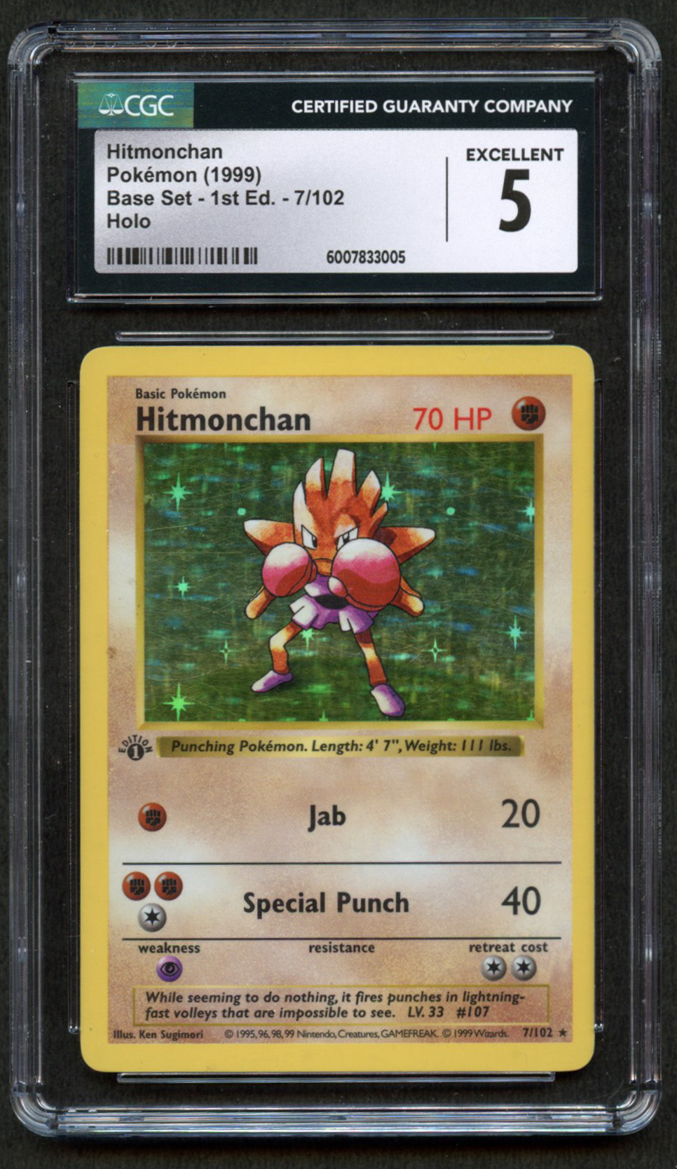 CGC 5 Hitmonchan - 1st Edition Shadowless Base Set 1999 - 7/102