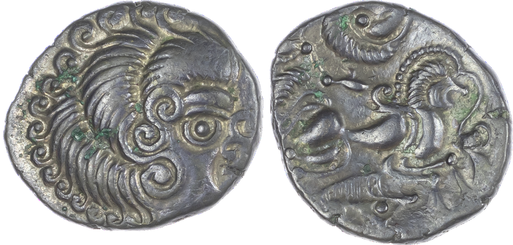 North West Gaul, Coriosolites (c. 100-50 BC) BI Stater, 6.60g. Stylised male head right, hair of large spiral curls. Rev.