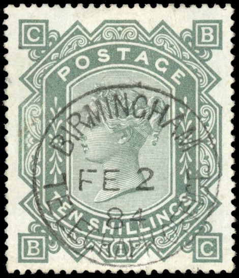 GB 1867-83 10s grey-green on blued paper, fine used, SG 131