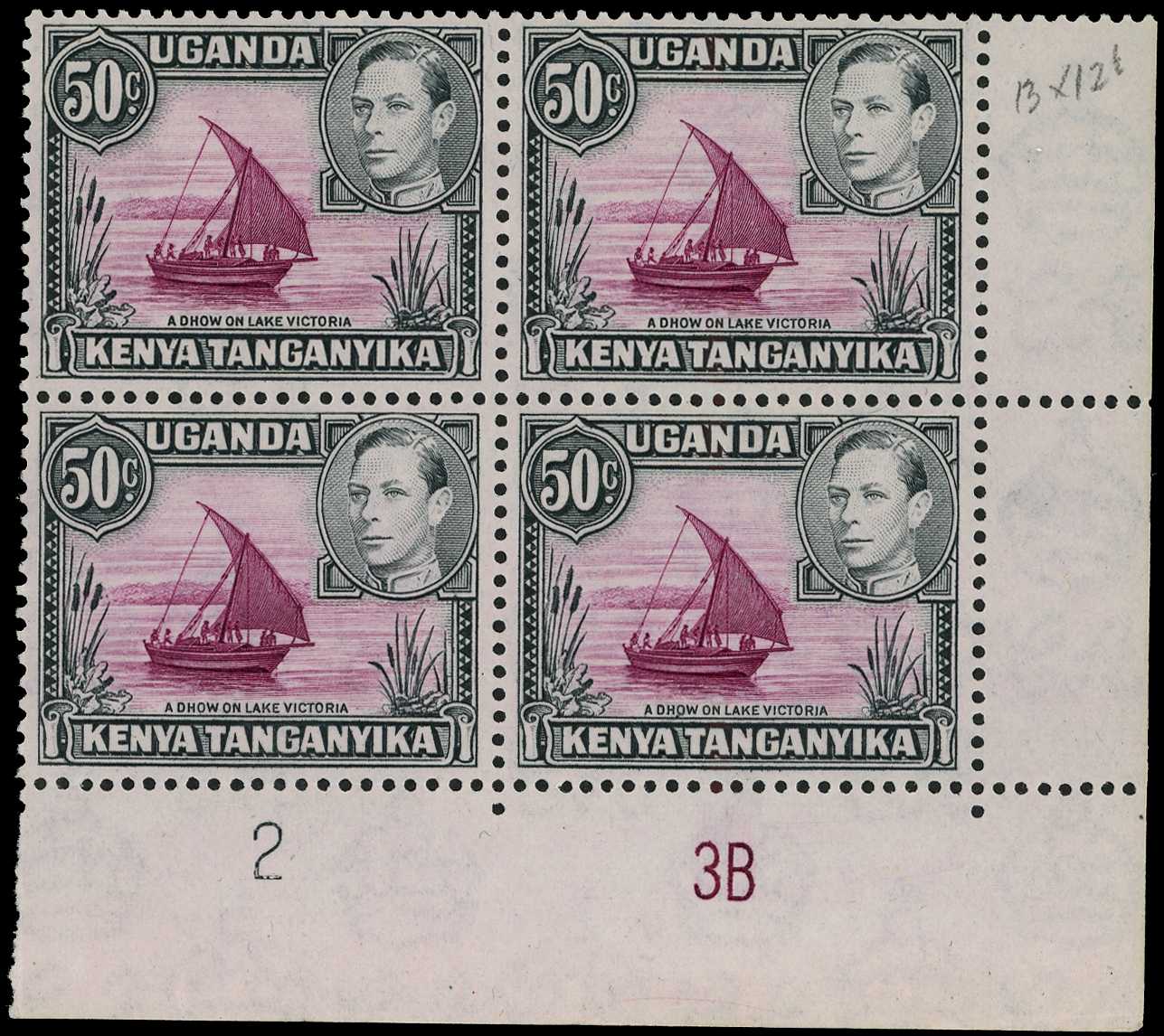 1949-54 50c perf 13 x 12½ Plate 2-3B block of four, unmounted o.g., showing re-entry to long rope on R9/9. SG...
