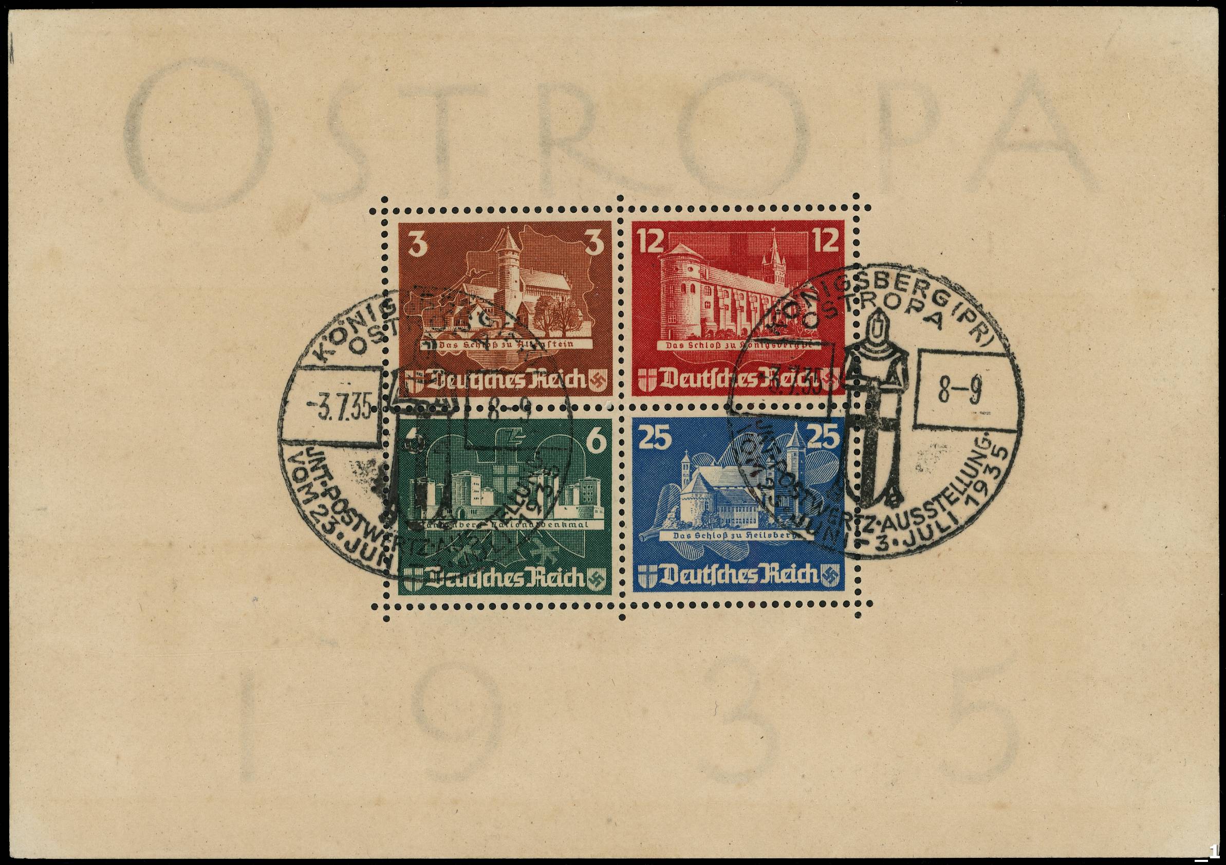 Germany 1935 ‘OSTROPA’ miniature sheet neatly cancelled by Konigsberg special handstamps. Fine