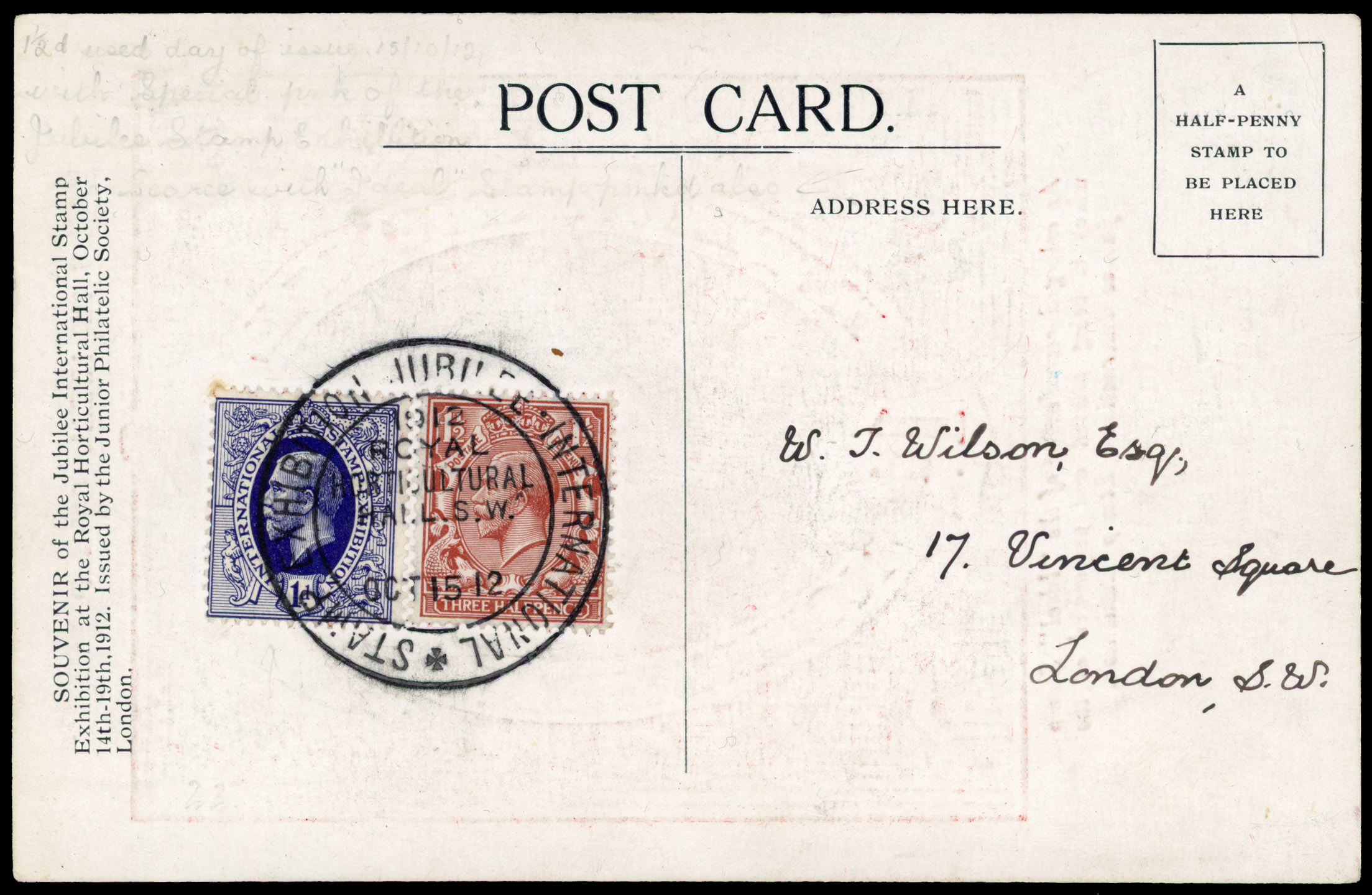 1912 1½d Red brown. Very fine International Stamp Exhibition postcard fdc