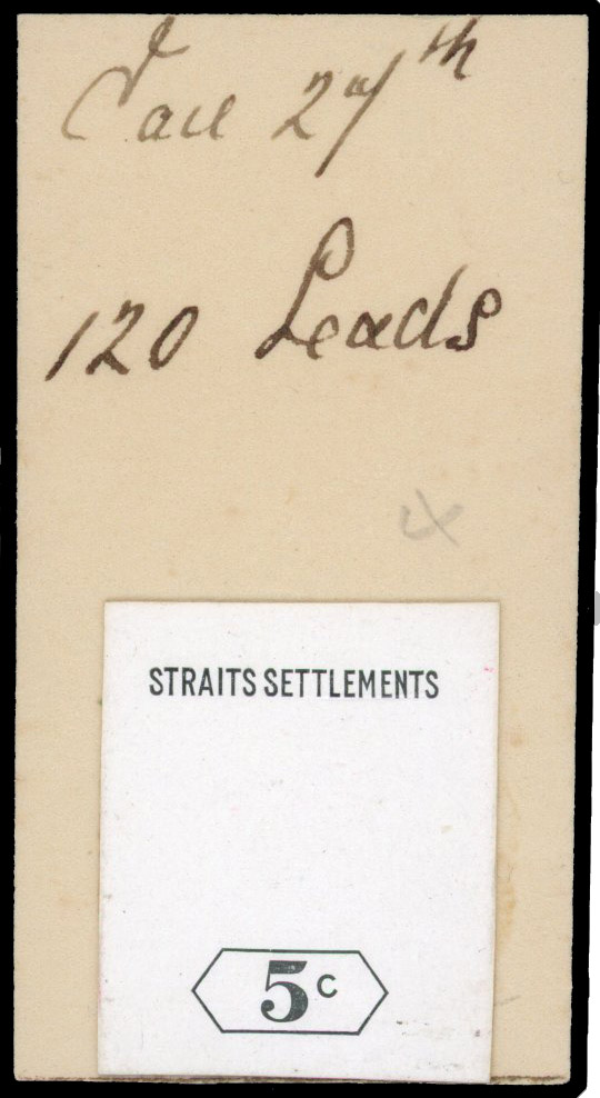 Straits Settlements 1922 5c die proof of country name and value