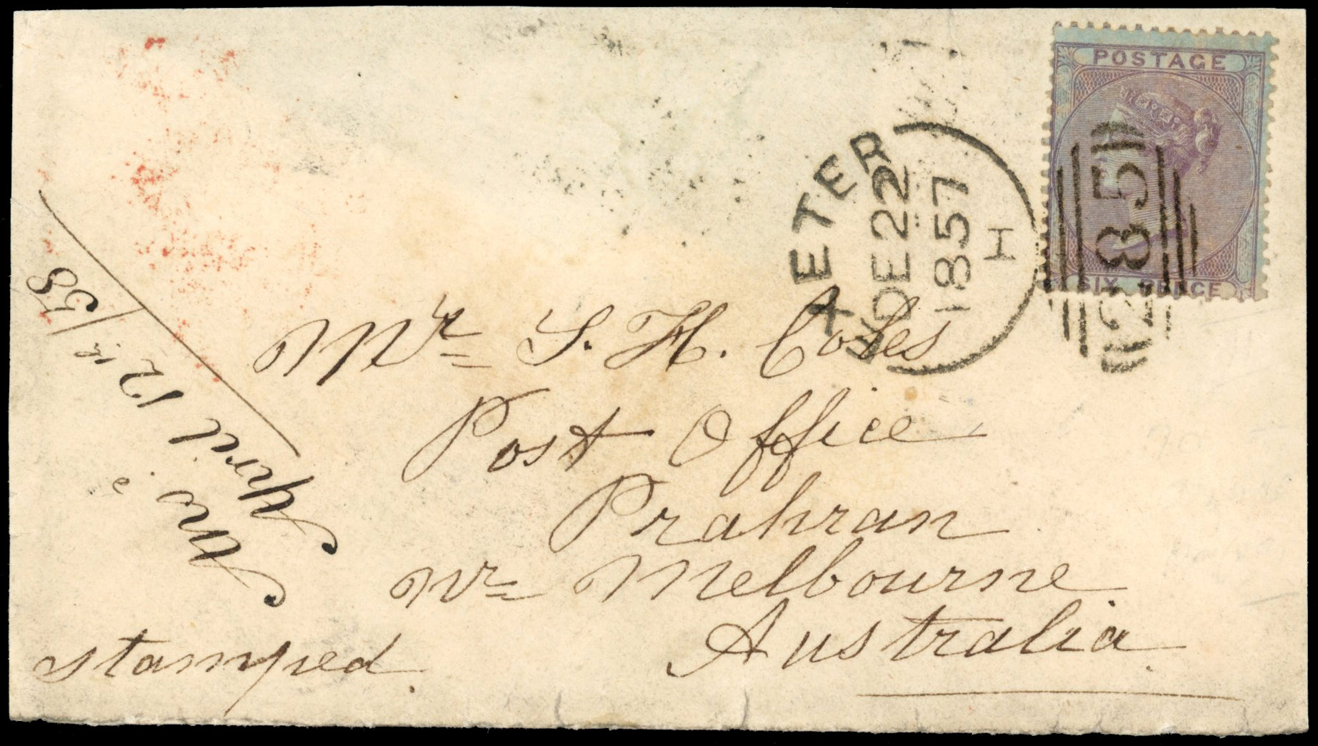 Great Britain 1857 Overseas mail. Cover sent to Australia with SG 70a
